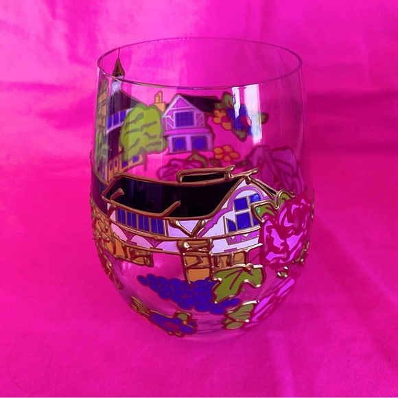 Madonna Inn Stemless Wine Vino Glass Cup Pink Gold Roses Hotel California Champ - Picture 8 of 10